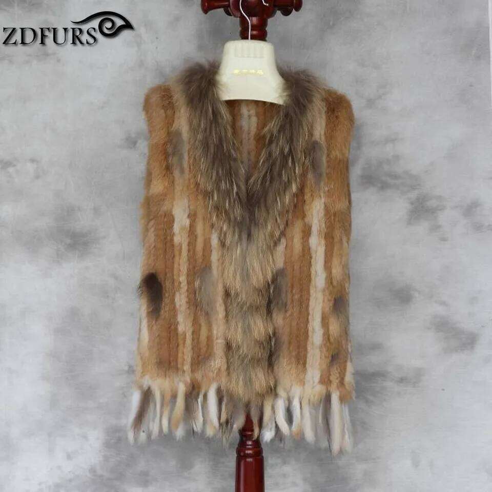 ZDFURS * high quality hot sale raccoon dog collar knitted vest rabbit fur waistcoat ZDKR-165005
