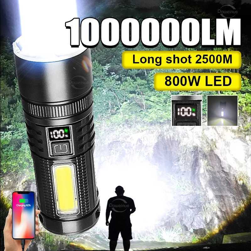 1000000 Lumens High Power LED Flashlight With Built In Dual Batteries Rechargeable Torch Portable Camping Tactical Lantern XJ250529