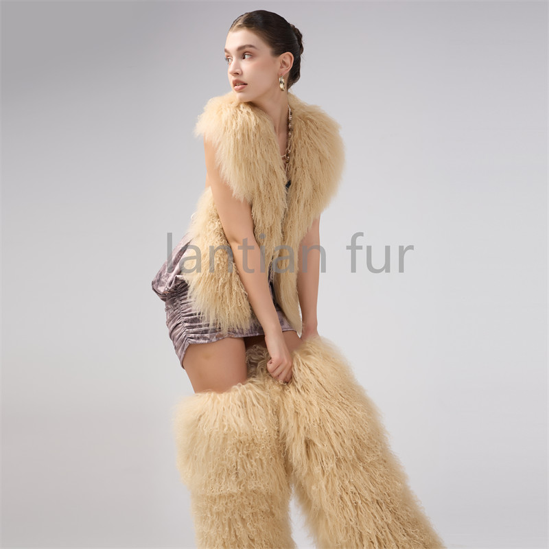 New Spice MongolianSheepskin Fur lady Vest Autumn And Winter Sexy Big Back Hair Collar Halter Top
