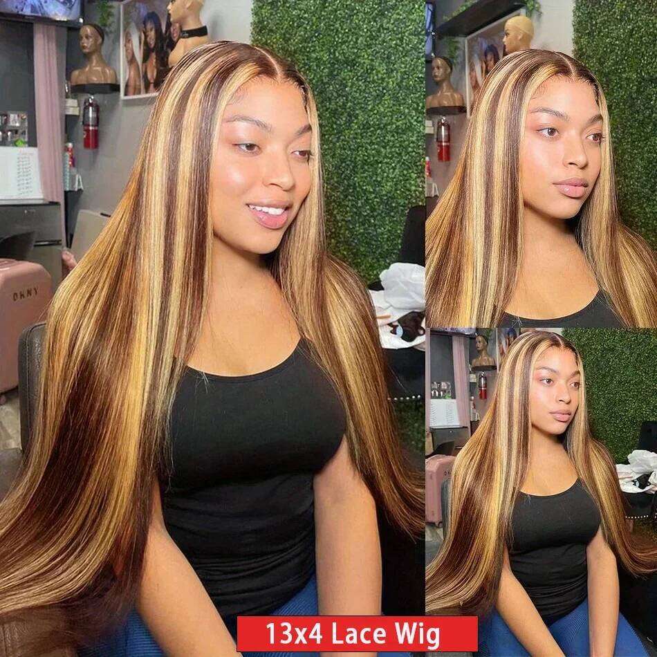 P427 Highlight Ombre Colored Straight lace front wigs 30 36 Inch 13x6 hd Lace Frontal Human wig 100% human Hair For Women