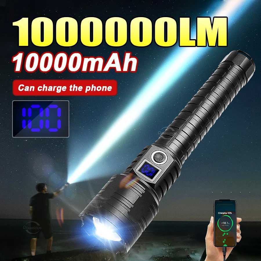 1000000 LM 10000mAh High Power LED Flashlights Zoom Long Range Torch USB Rechargeable LED Torch Powerful Strong Tactical Lantern XJ250529