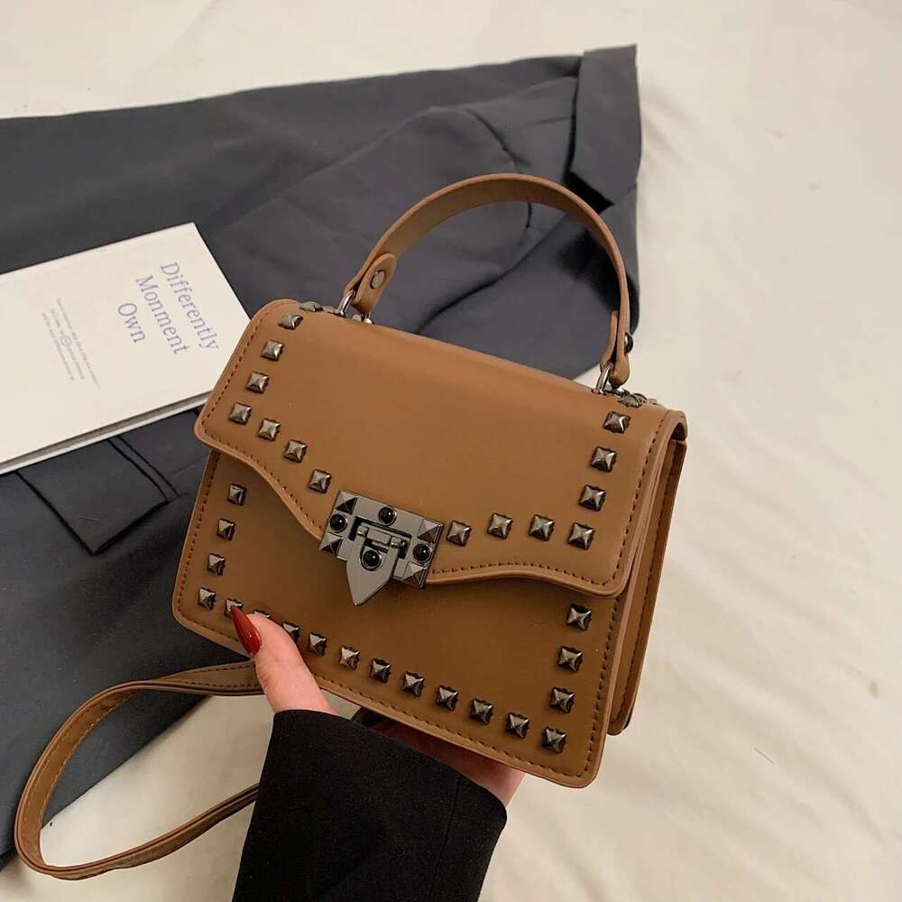 Black Small Square For Women Retro Rivet Crossbody Famous Brand Handbag Solid Color Pu Leather Lady Shoulder Bag Khaki