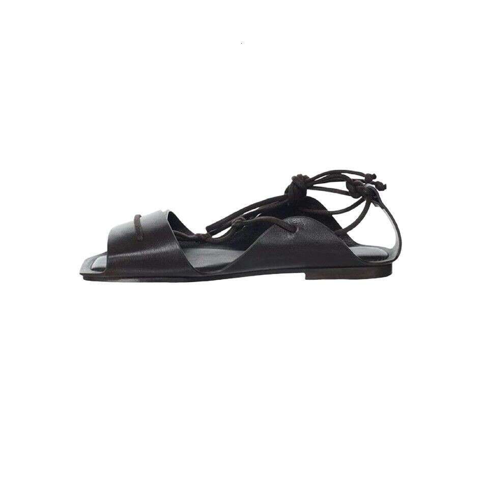 Cowhide Version ~ Niche Square Toe Flat Roman for Women 2025 Summer Fashion Cross Strap Ankle Sandals