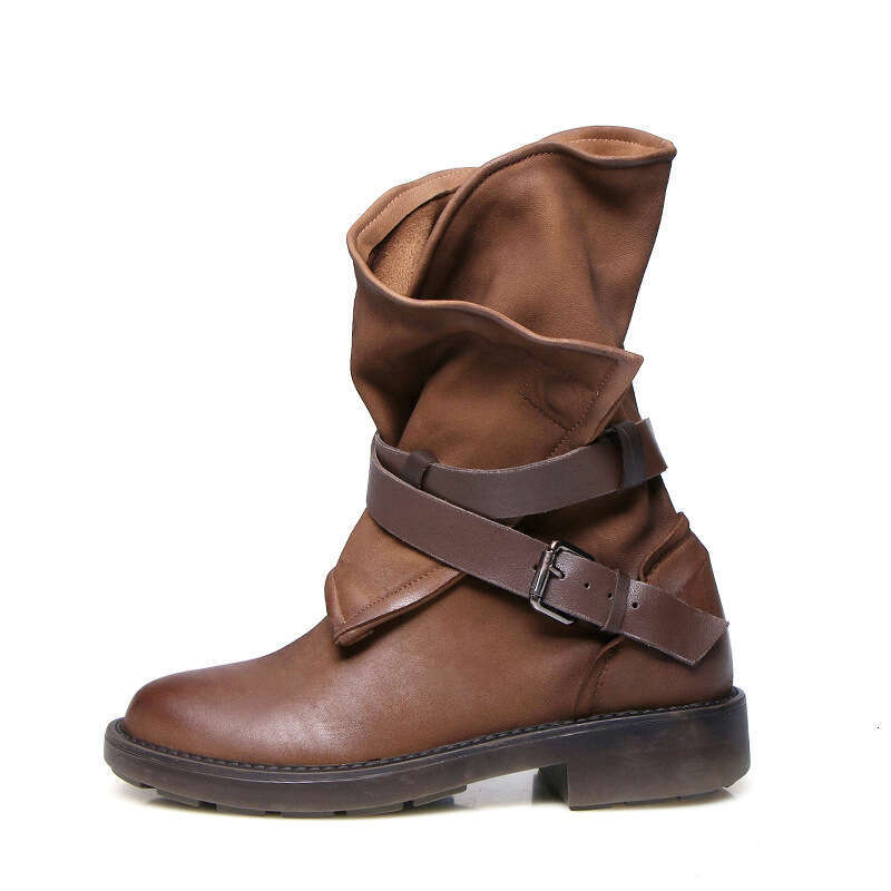 Genuine Leather Motorcycle for Women 2024 New Western Cowboy with Belt Buckle Mid-Calf Short Martin Boots