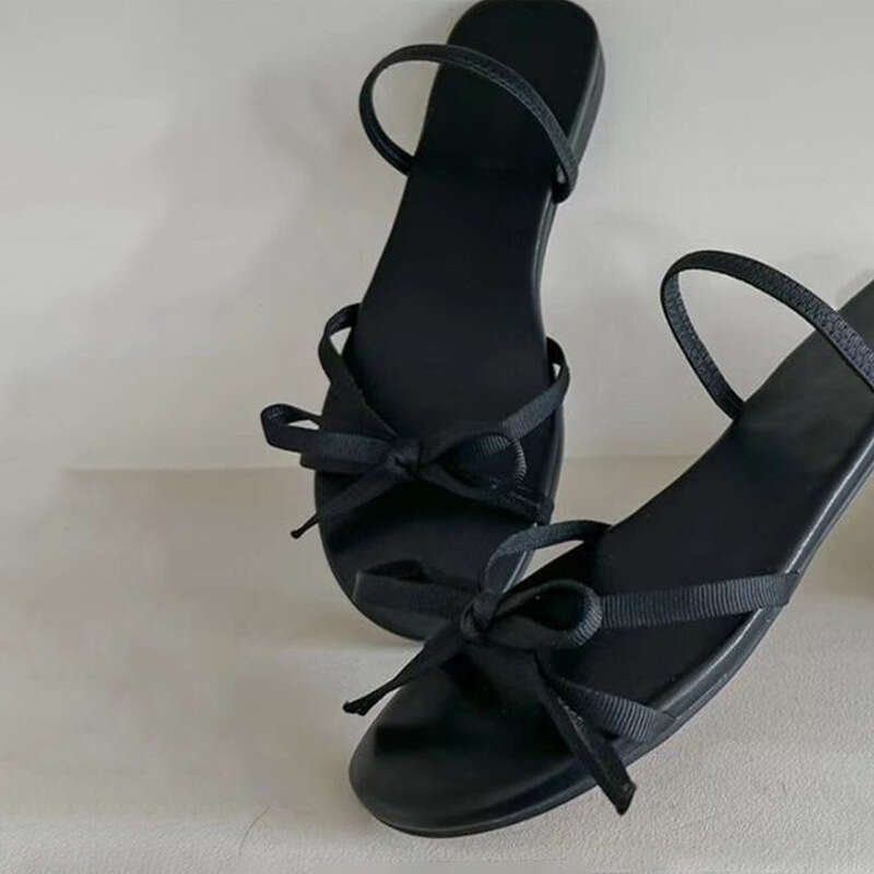 Korean Style Genuine Leather Simple One-Strap Bowknot Open-Toe Flat Sandals for Women Summer New Two-Way Wear Slippers