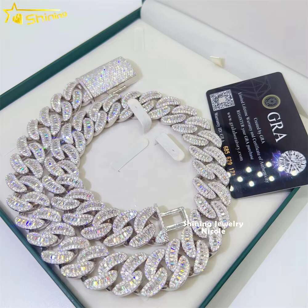 Hip Hop Necklace Luxury Heavy 22MM Baguette Moon Shape Style 925 Silver Miami Moissanite Cuban Link Chain