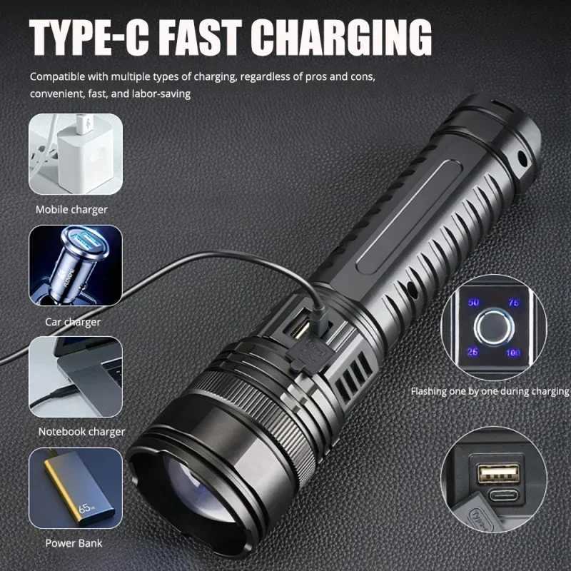 Ultra Bright Torch with Built-in Battery Flash Light Emergency Spotlights 5km 1500W Most Powerful LED Flashlights TacticalXJ250529