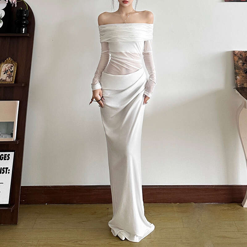 Spring New Women's Fashion Elegant Sexy Off-Shoulder Mesh Sheer Long Dress B5