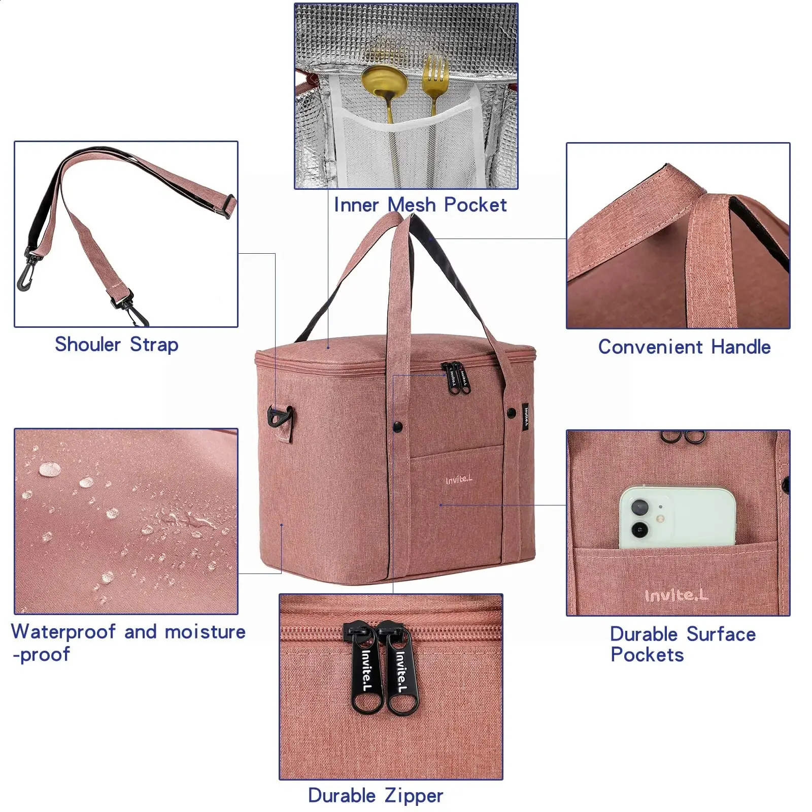 1pc Insulated Lunch Bag For MenWomen Reusable Large Cooler Box Tote Shoulder Strap Work Office Picnic Beach Travel F 250528