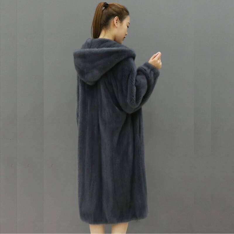 The new faux mink fur for autumn and winter is casual trench coat with a long, knee-length hoodie in veet jacket