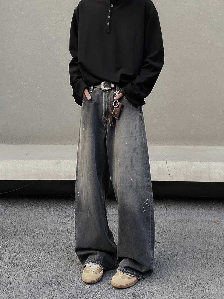 Vintage Distressed Mens Baggy Straight Jeans Fashion Korean High Strt Denim Pants Strtwear Male TrousersC250528