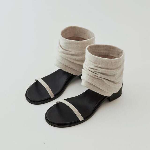 Genuine Leather Korean Style Niche Design Patchwork Pleated Strap Sandals for Women Summer New Thick Heel Round Toe Cool Boots