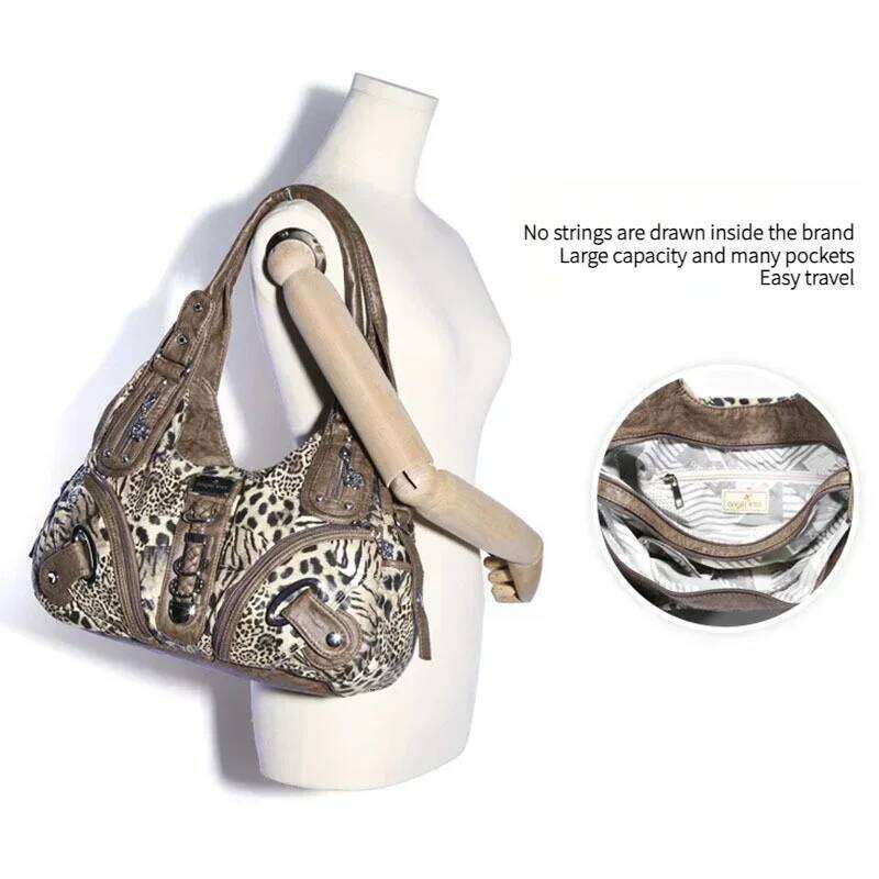 Women Vintage Leopard Print Handbags Punk Biker Satchel Top-Handle Shoulder Bag Ladies Underarm Bags Multi-Pockets Dumpling Pack