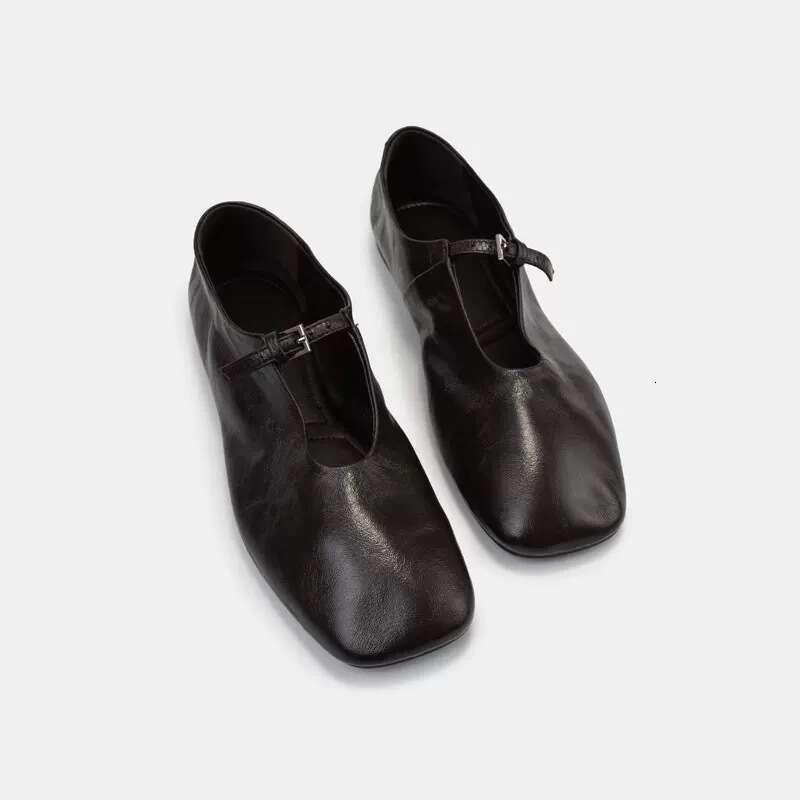 Genuine Leather French One-Strap Ballet Flats for Women 2025 Spring Square Toe Flat Mary Jane Shoes