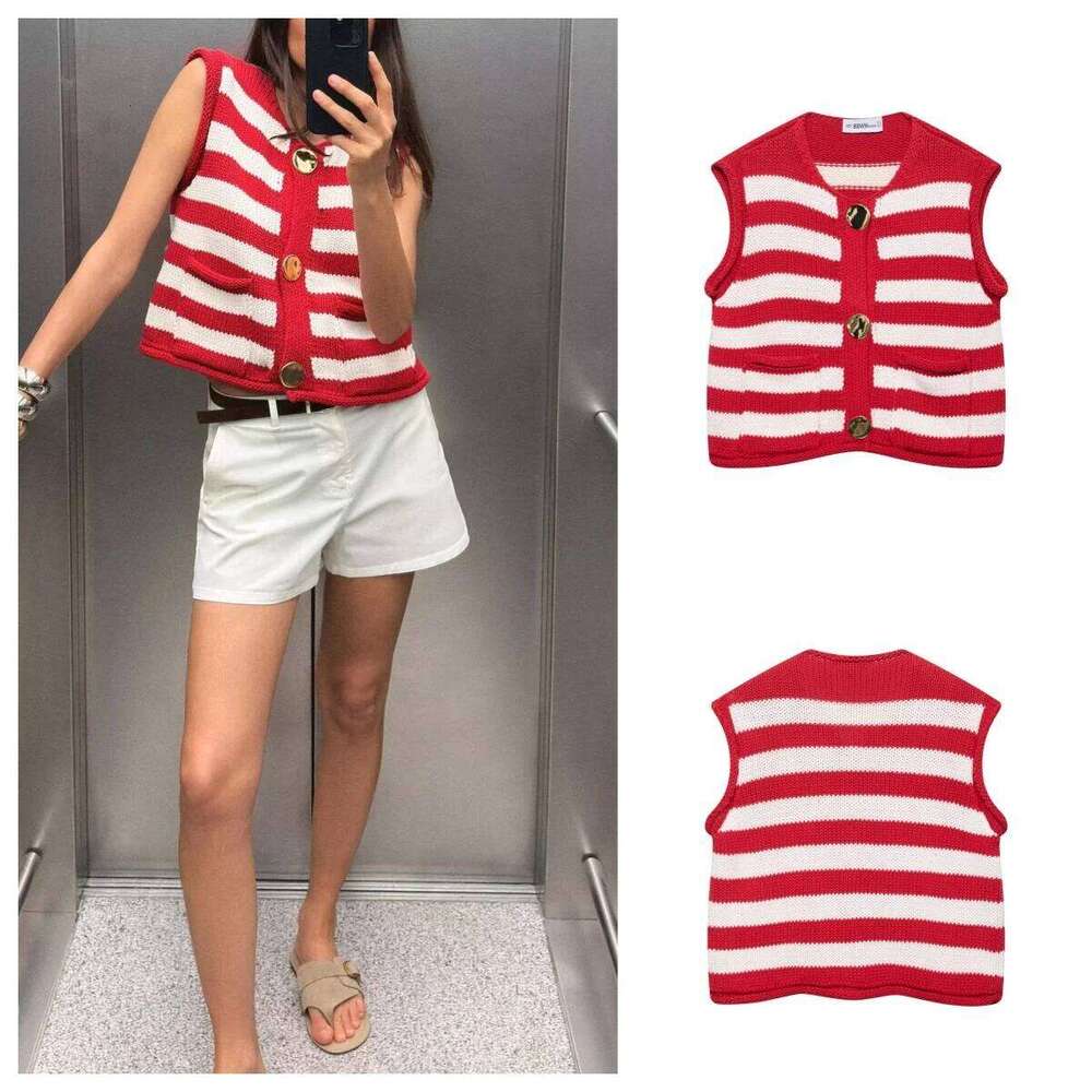European and American style 2025 new round neck single-breasted sleeveless striped knitted vest top