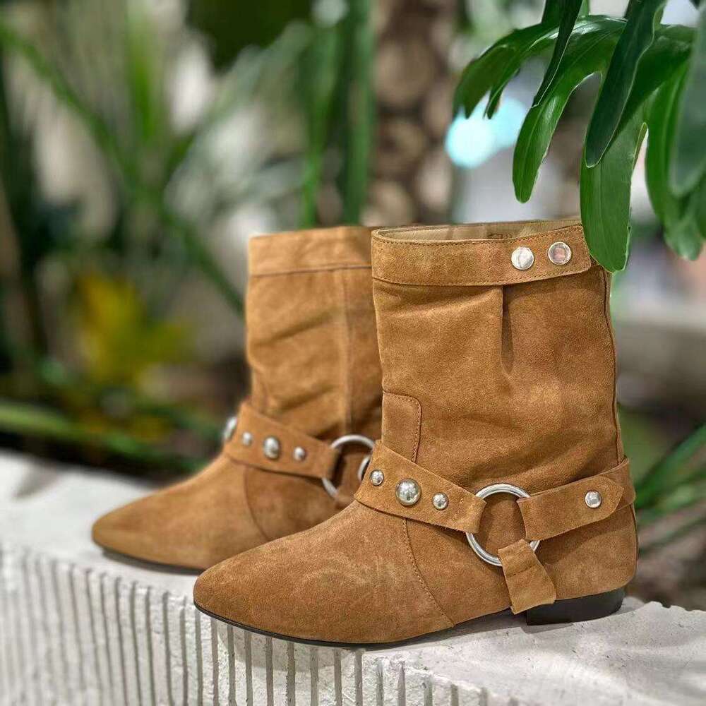 Genuine Leather Suede Niche Studded Chunky Heel Flat Pointed Toe Western Cowboy Short Women Autumn Winter New Martin Boots