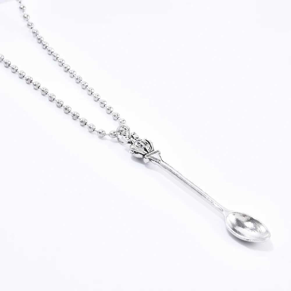 Fashion Women Men Crown Mini Tea Spoon Shape Pendant Long Chain Necklace Sweater Metal Chain Necklace Jewelry XJ250528