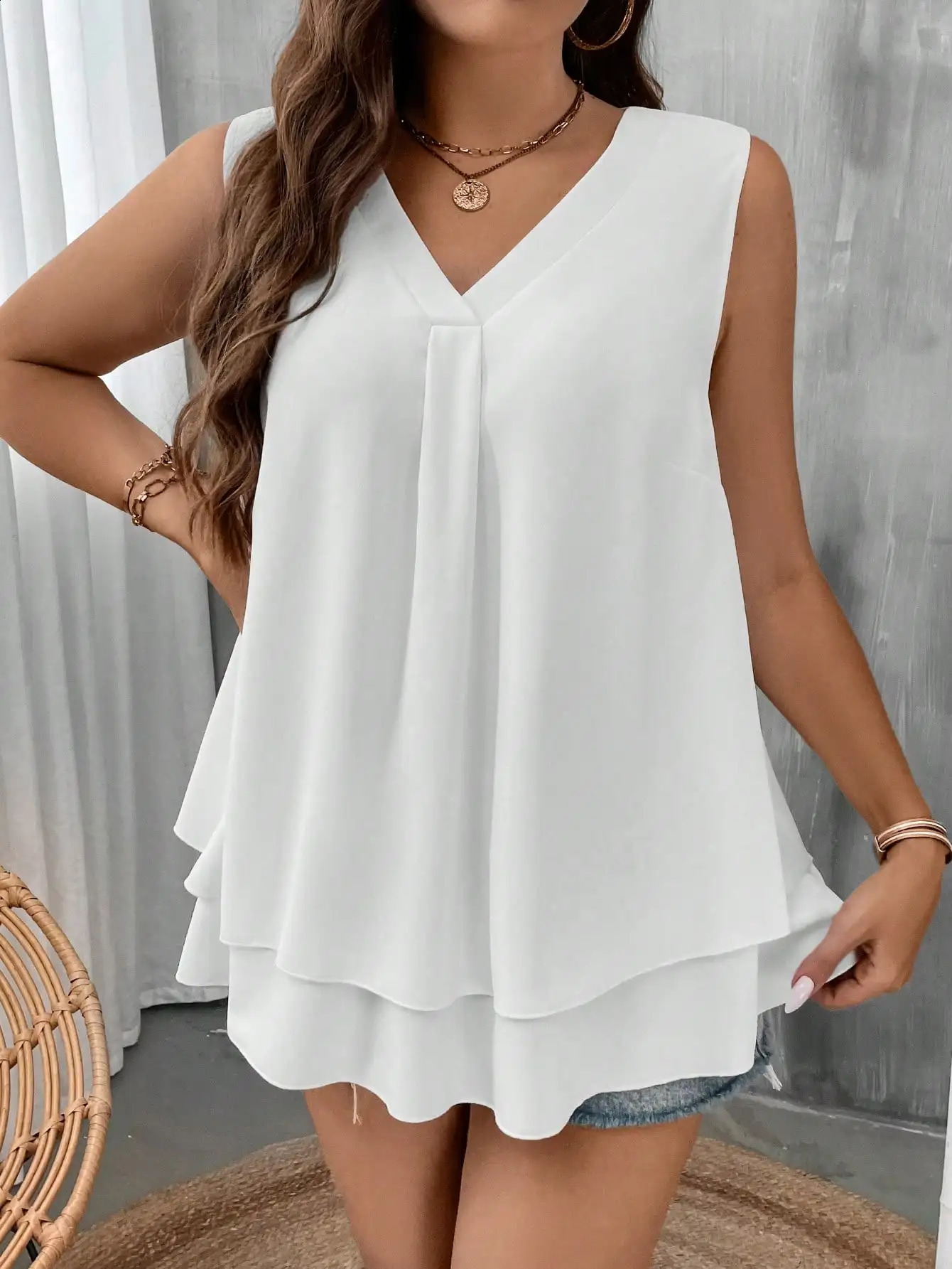 Europe and the United States crossborder summer plus size solid color double hem sleeveless Vneck vest 250519