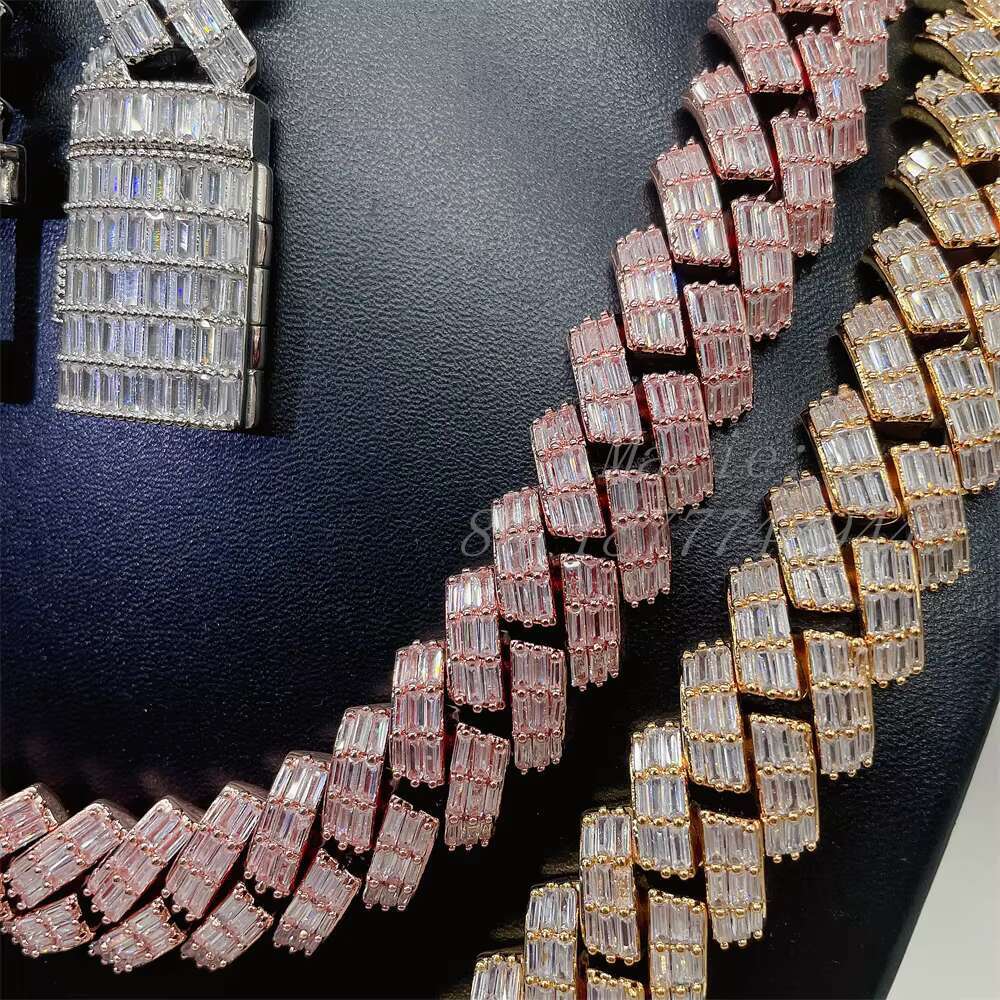 baguette Moissanite Silver Hip Hop Cuban Link 18mm Vvs High Quality baguette Diamond Hip Hop Jewelry Cuban Link Chain
