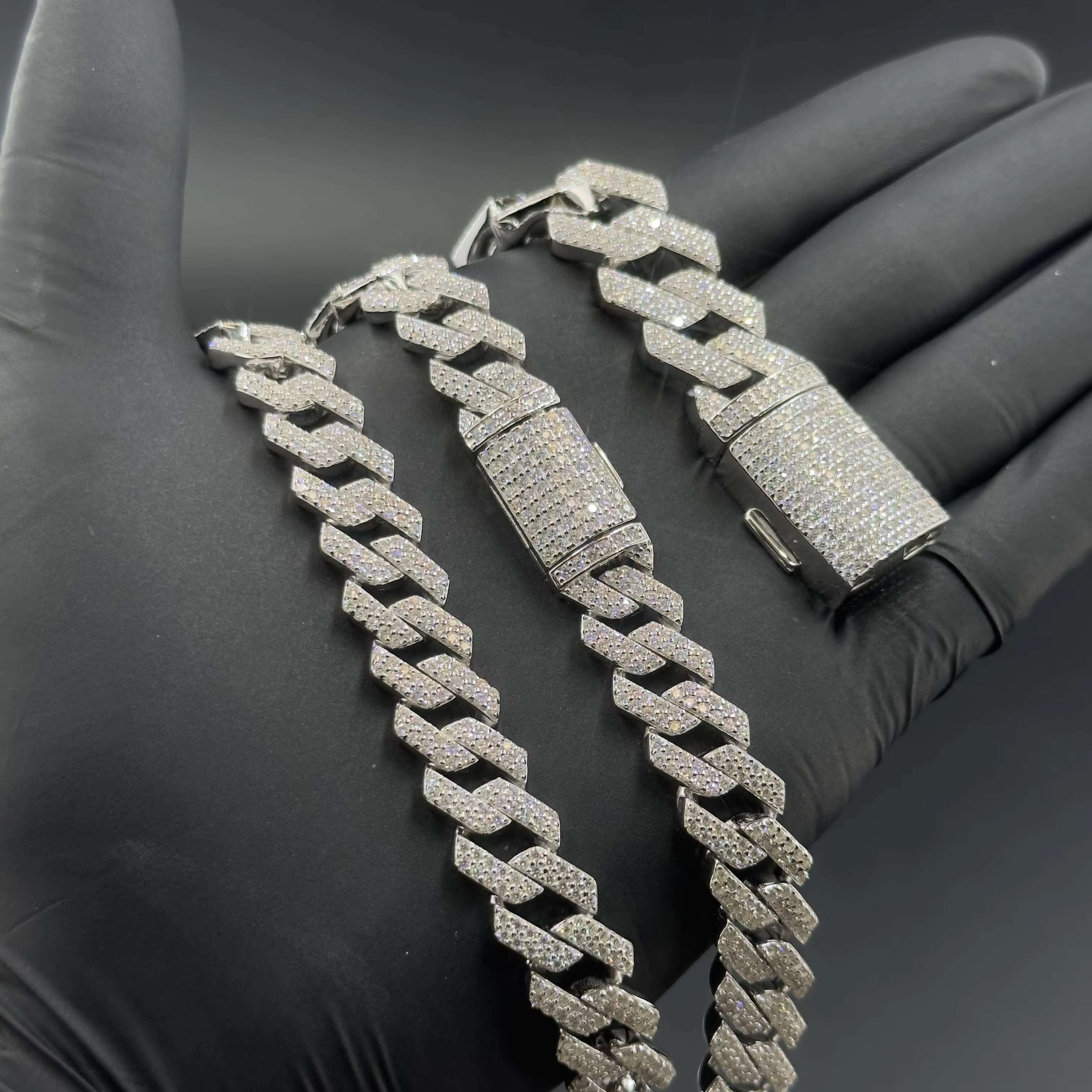 Fashion Hip Hop Jewelry 925 Silver Cuban Chain VVS Round Moissanite Necklace With 15mm Bracelet