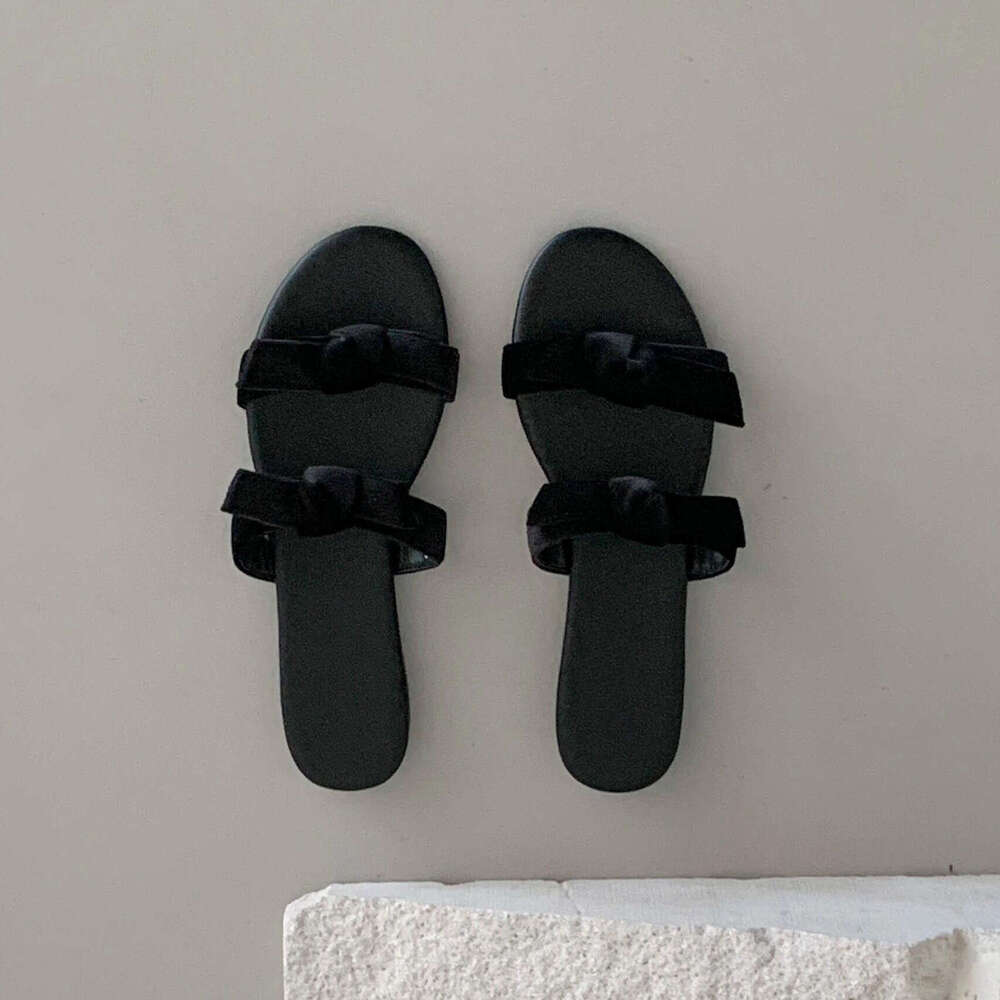 Genuine Leather Velvet Bowknot One-Strap Flat Sandals for Women Summer Beach Outdoor Open-Toe Round-Toe Half Mules