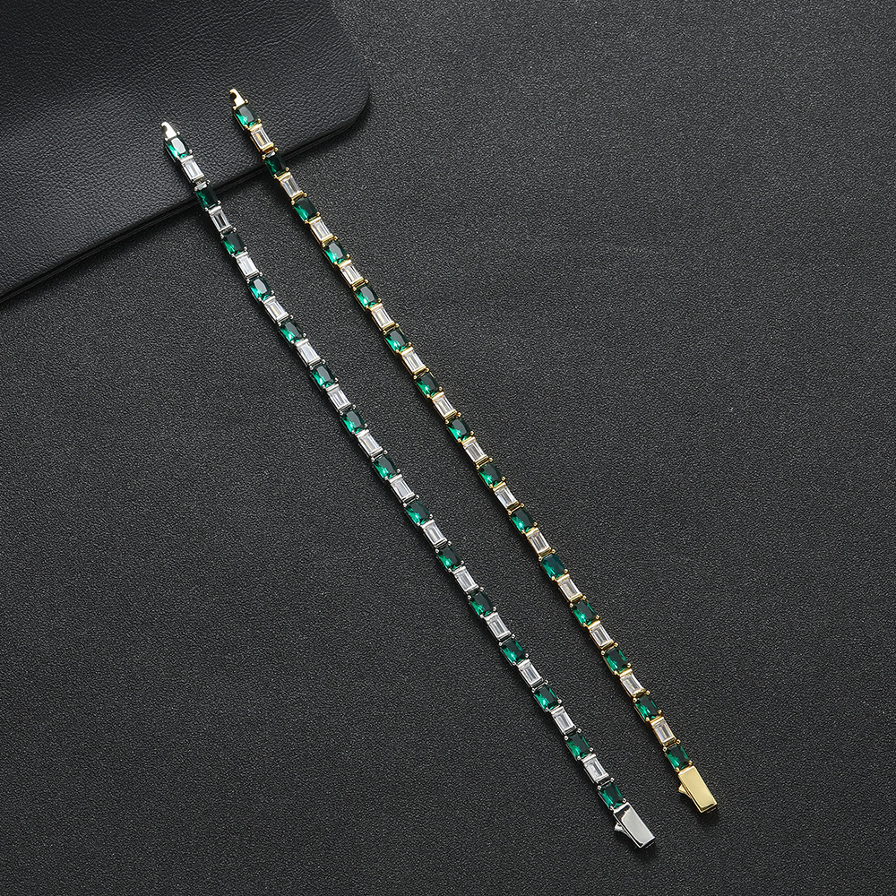 Sparkly Baguette Emerald Tennis Bracelet Spring Buckle Rectangular Green White Cubic Zirconia Bling Cz Stones Hip Hop Bangle For Women Wolf Tide Pulse