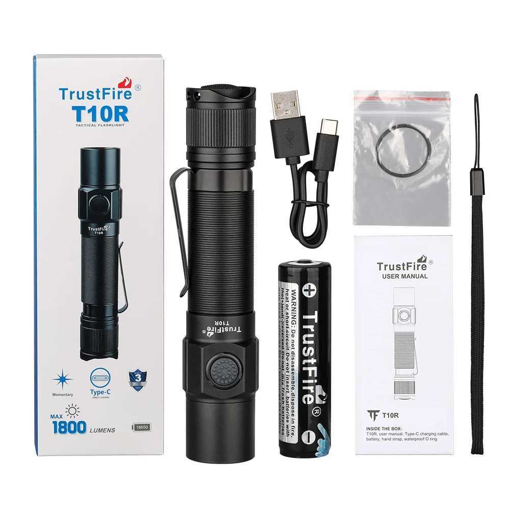 Trustfire T10R Tactical LED Flashlight 1800 Lumens Powerful Type C USB Rechargeable 18650 Torch Lamps High Power Lamp Dual Switch XJ250529