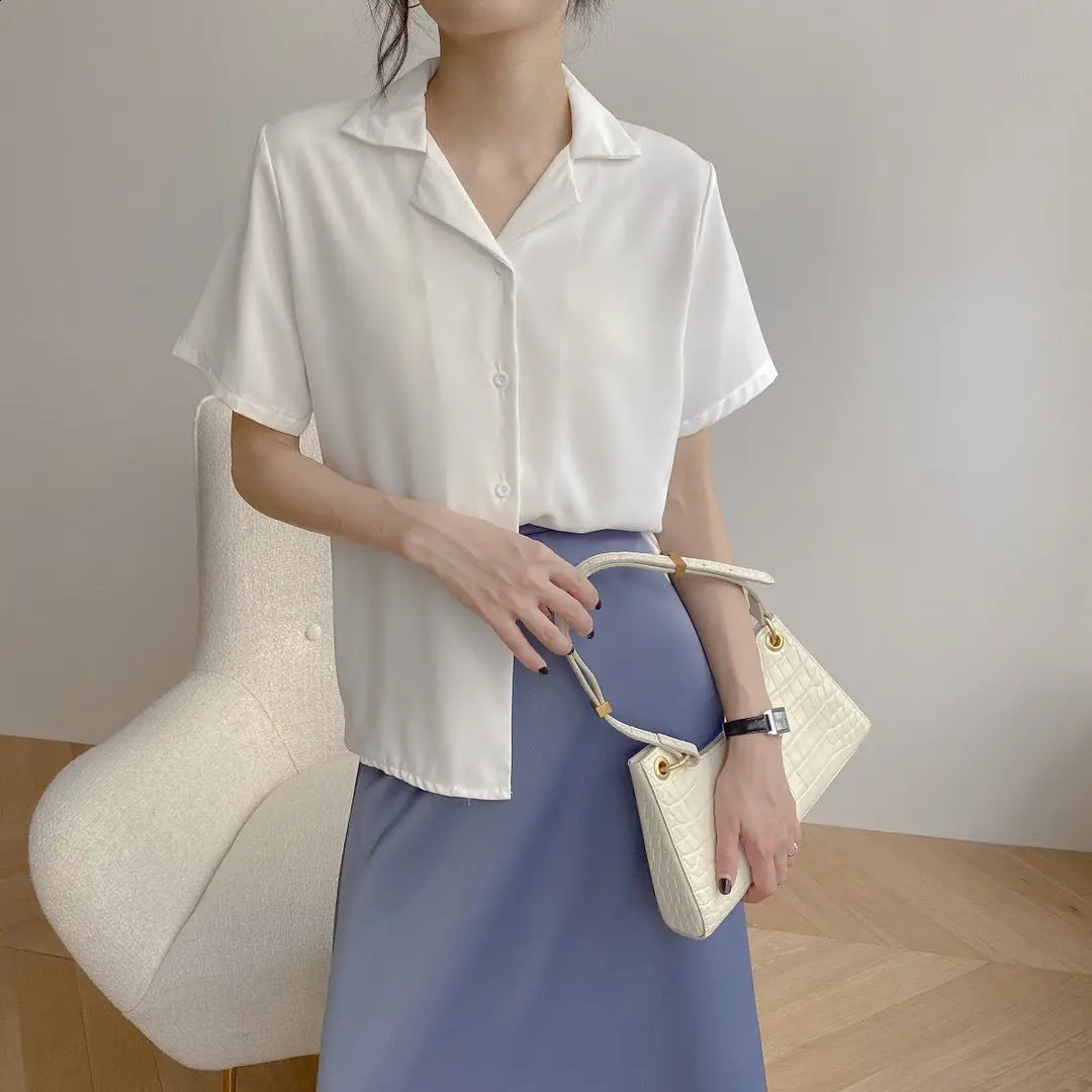 Women Summer Chiffon Blouse Elegant Short Sleeve V Neck Loose Shirt Casual Solid Korean Chic Simple Tops Female Tunic Blusas 250529Z