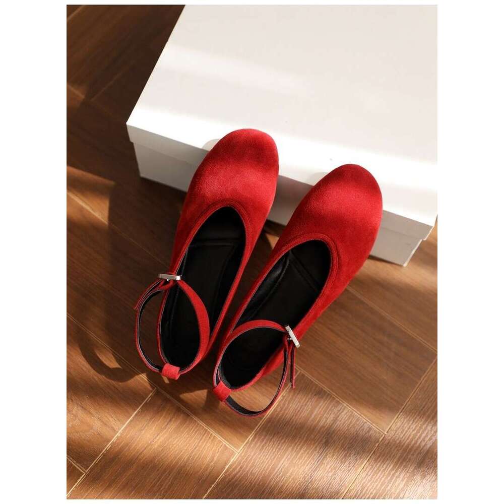 Genuine Leather French Classic Versatile Round Toe Shallow Mouth Ankle Strap Leopard Print Horsehair Flat Red Mary Jane Shoes for Women