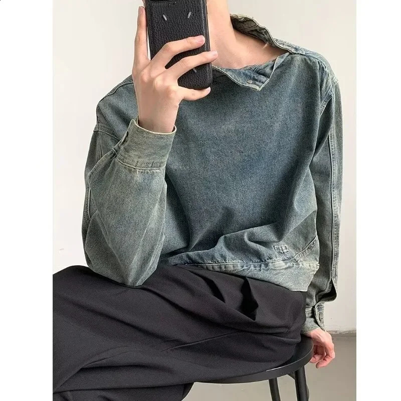 Denim Jacket Stand Collar Long Sleeve Coats Washed Distressed Outerwear Vintage Men Loose Solid Pockets Moto Biker Button 250516Z