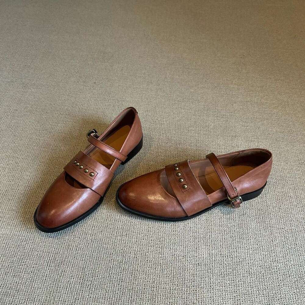 Genuine Leather British Style Studded Hollow Loafers Women 2025 Spring Chunky Heel Mary Jane Shoes