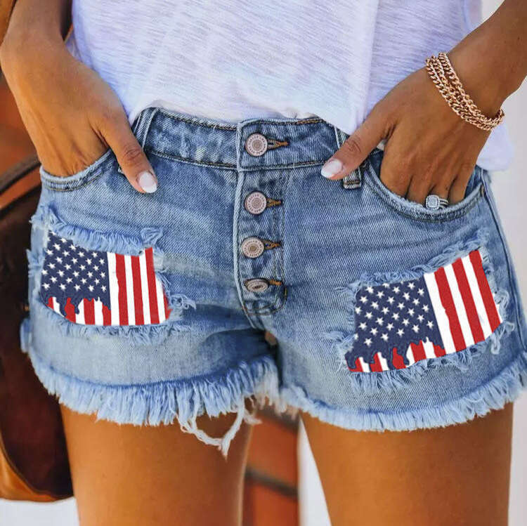 Shorts Women Denim Shorts Trendy Buttoned Printed Patchwork Denim Shorts For Women With Rips And Fringes Jean Shorts