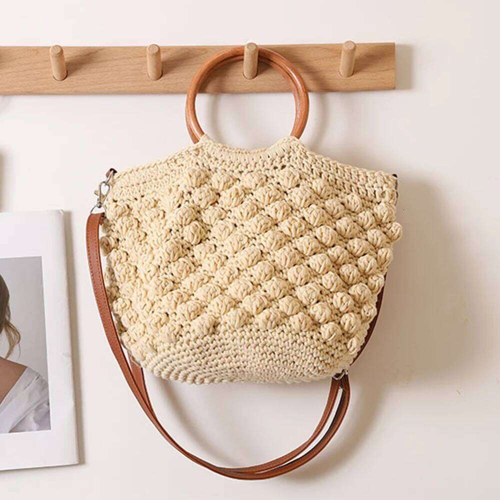Women's Bags Designer Handmade Crochet Tote Bags For Women Round Wooden Handle Handbag Rope Knitted Beach Shoulder Woven Crossbody Bag Shopper NE
