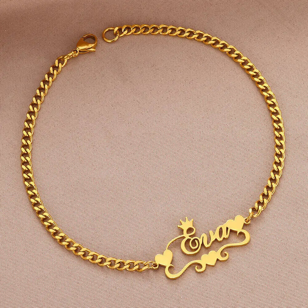 Custom Crown Heart Name Anklet Women Girl Trendy Jewelry Stainless Steel Gold Color Nameplate Ankle Bracelet Gifts For Her 250526