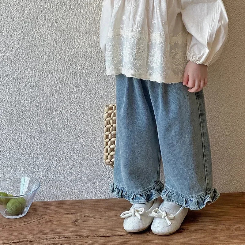 Kids Jeans Girls 2024 Spring Autumn Childrens Fashion Casual Wide-leg Pants Lace Princess Sweet and Lovely 250526