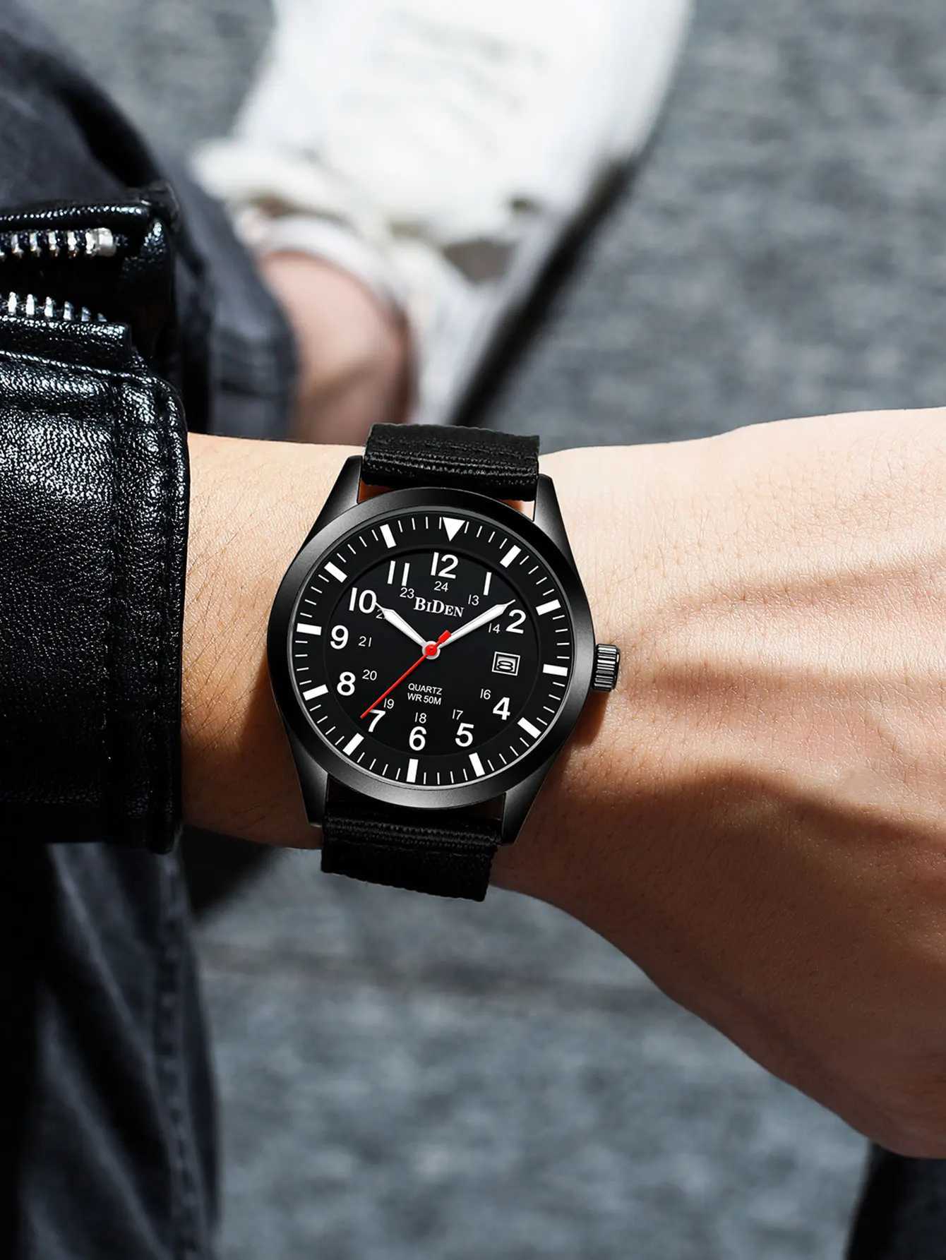 BIDEN Fashionable Mens Sports Quartz Watch Simple Nylon Strap Night Light Automatic Date Waterproof Mens Watch W250529