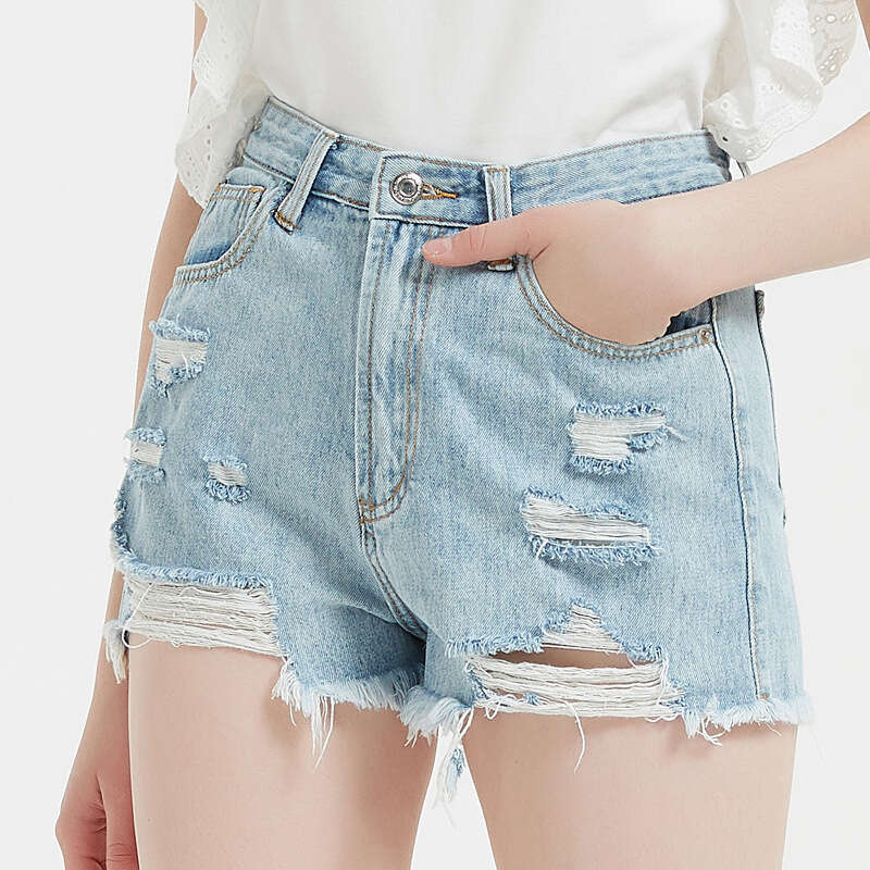 2022 Women's Summer New High-Waisted Denim Shorts with Rips Casual Hot Pants