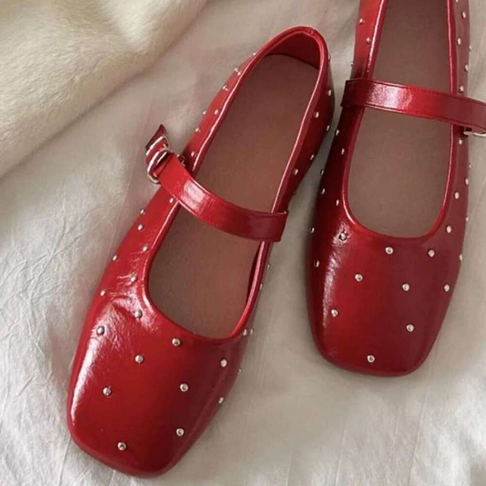 Genuine Leather Korean Style Studded Square Toe Mary Jane for Women 2025 Spring Versatile Flat Shallow Mouth Red Single Shoes