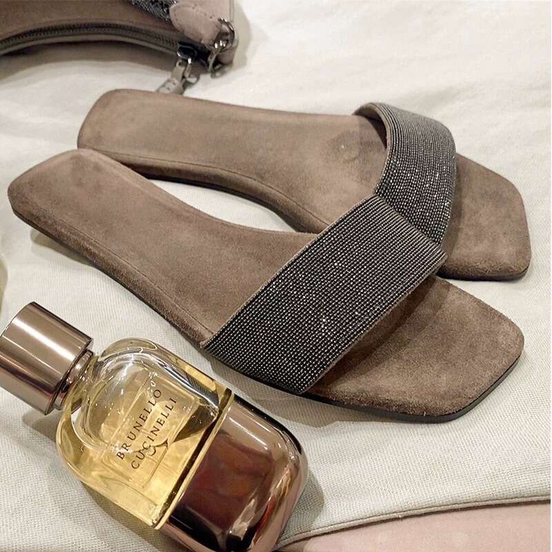 Sheepskin Version ~ French Niche Rhinestone Square Open Toe Slip-On Sandals for Women Outdoor 2025 Summer Vacation Cool Slippers