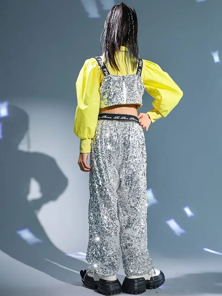 Girl Jazz Dance Costume Clothes Kid Hip Hop Clothing Yellow Puff Sleeve Crop Top T Shirt Tank Silver Sequined Casual Pants 250528