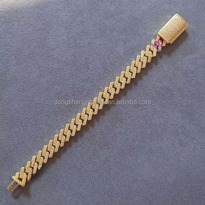 China Factory Direct Sales Fine Jewelry 15mm Hip Hop Cuban Bracelet Custom Iced Out Moissanite 925 Silver Bracelet for Mens
