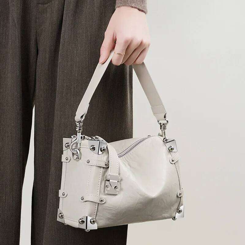Women Genuine Rivet Handbags Female Square Soft Leather Box Shoulder Vintage Small Girls Crossbody Bag Bolsos