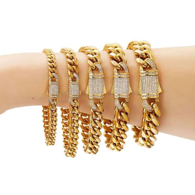 Fashion Hip Hop Gold Plated Stainless Steel Men Moissanite Baguette Cuban Link Chain Jewelry Tarnish Free