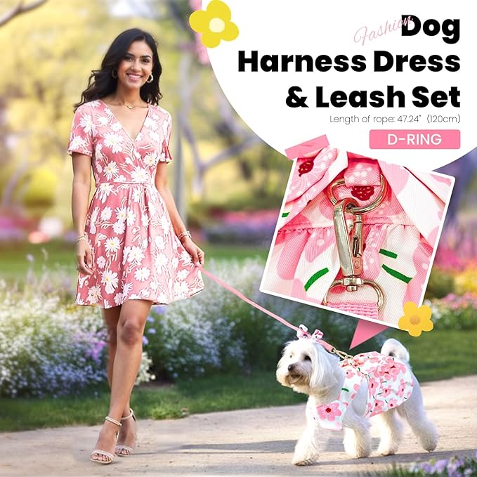 Cute Dog Harness Set, Girls Puppy Outfit Pink Floral Pet Summer Clothes Bowknot Doggy Cat Princess Dress for Holiday Birthday Party Costume Clothing M