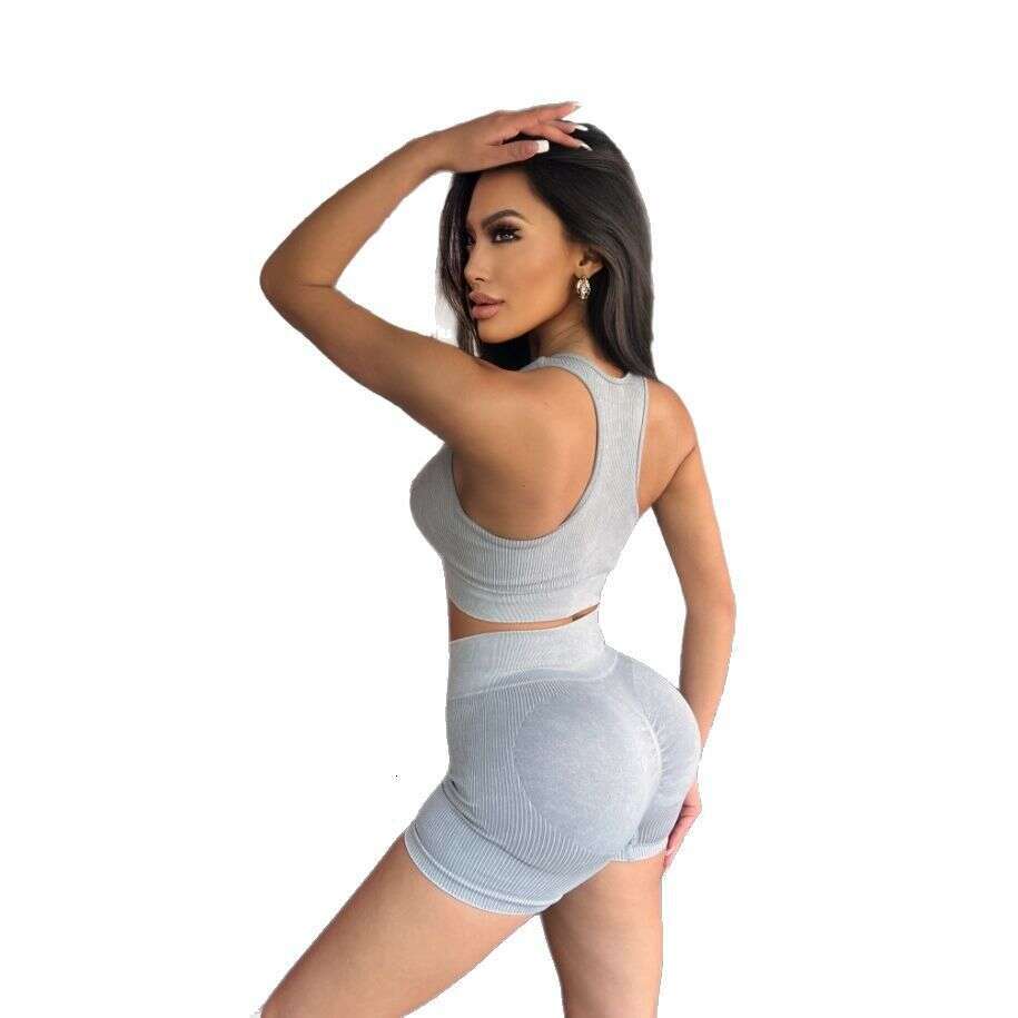 High Quality Sports Yoga Clothes, New Seamless Sports Lifting Buttocks Brushed Shorts, Washed Ribbed Yoga Clothes, Sand Washed Vest Set, Free Delivery
