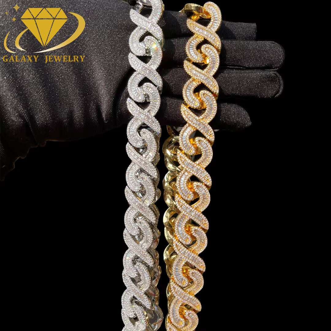 Full Diamond Cuban Link Chain Solid 8 Shape 18mm 925 Silver Baguette VVS Moissanite Infinity Cuban Chain Necklace Bracelet