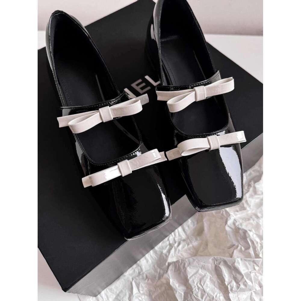 Korean Style Genuine Square Toe Shallow Mouth Double Bow Mary Jane for Women 2025 Spring Chunky Heel Loafers Small Leather Shoes
