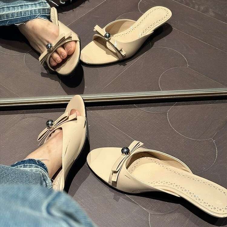 Genuine Patent Leather French Style Elegant Kitten Heel Stiletto Bowknot One-Strap Sandals for Women Outdoor Summer 2025 Slippers
