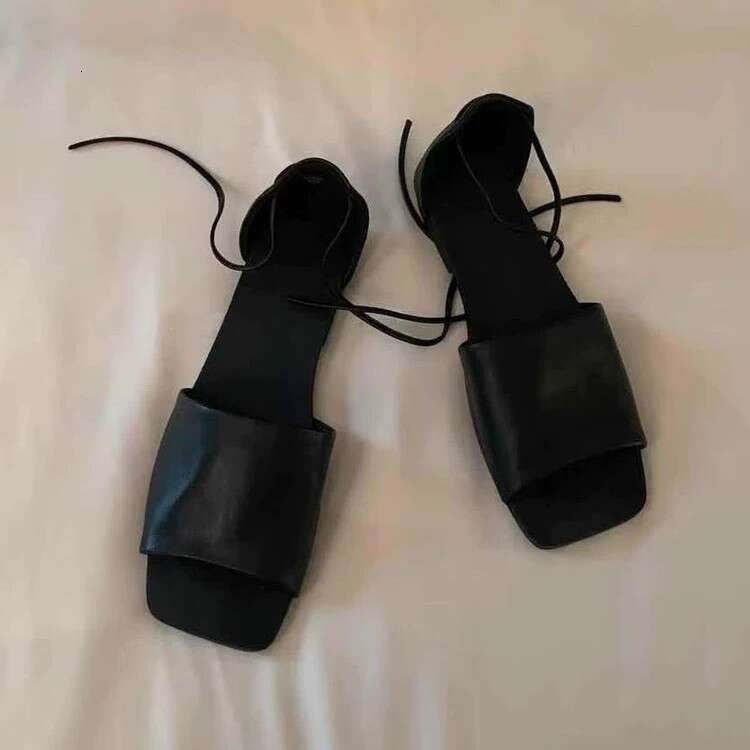 Cowhide Version ~ Korean Style Niche Open-Toe One-Strap Sandals Women 2025 Summer Flat Lace-Up Backless Half Slippers for Outdoor Wear