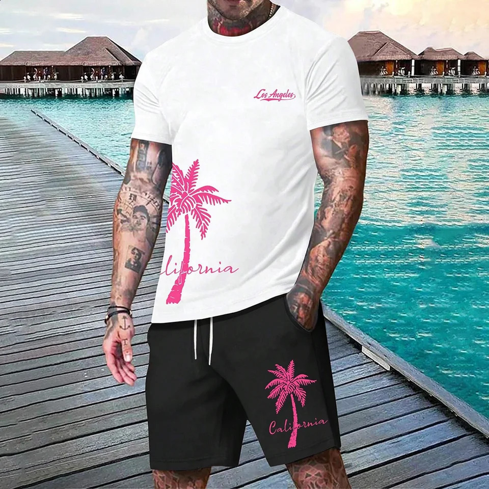 3D printed mens short sleeved fashionable Tshirt dopamine beach casual shorts set soft and comfortable 250520Z